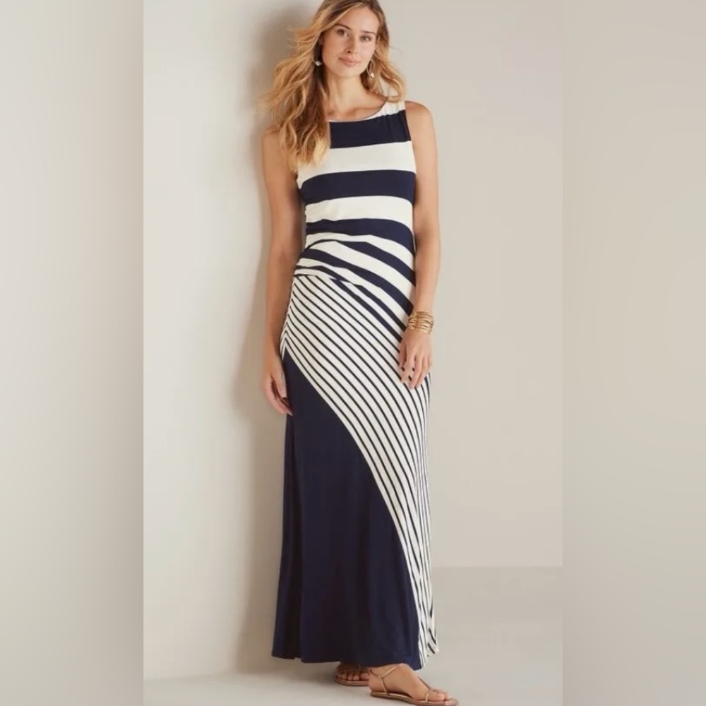 Soft Surroundings Vela Infinity Sleeveless Stripe Maxi Dress Blue/White Sz Large